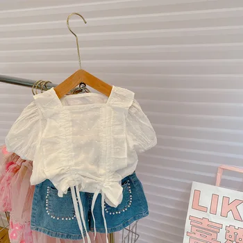Комплект из 2 предметов, Детская одежда для девочек на 2-7 лет, белая рубашка с короткими рукавами для малышей, топы + джинсовые шорты цвета груши, наряды, летняя одежда