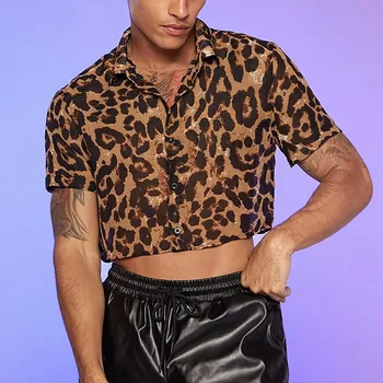 Мужская повседневная свободная сексуальная короткая рубашка с леопардовым принтом и коротким рукавом, мужская рубашка-топ