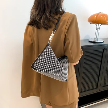 Женская сумка подмышками из искусственной кожи с бриллиантами и жемчугом, модная женская сумка на молнии, простая большая сумочка для ежедневных покупок.