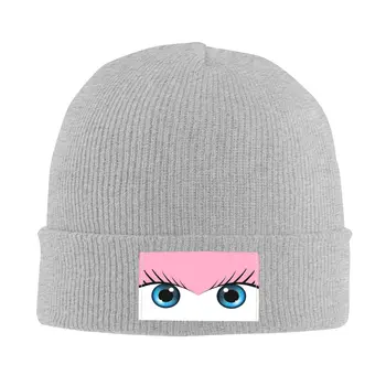 Розовые вязаные шапки с милыми глазками для женщин, Мужская зимняя шапка-бини, Мультяшная теплая шапка