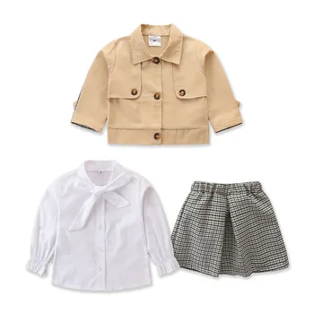 Осенний комплект для девочек, белая рубашка для девочек с длинными рукавами + пальто + юбка, костюмы для детей, модная детская одежда