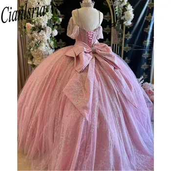 Розовое Мексиканское Пышное платье с открытыми плечами, Блестящее Vestido De XV Anos 15-16, платья для дня рождения, выпускного вечера 2024 г.