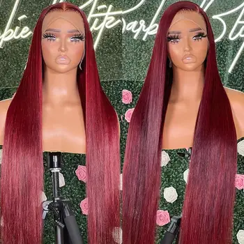 99J Бордовый прямой парик из человеческих волос на шнурке спереди, предварительно выщипанный 13x6 HD Парики на шнурке спереди для чернокожих женщин с бразильскими волосами