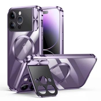 Новый металлический чехол для телефона в рамке из алюминиевого сплава для iPhone 15 14 13 Pro max PC Прозрачная задняя крышка Магнитный кронштейн Защитный чехол