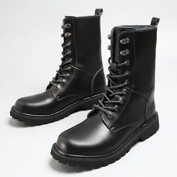 Классические мужские черные ботинки в стиле панк, модные кожаные ботильоны на шнуровке, мужская мотоциклетная обувь, повседневные высокие мужские рабочие ботинки, Большой размер 47 48
