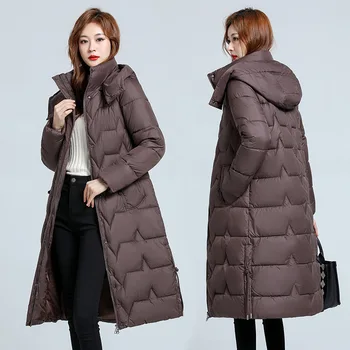 Зимние женские куртки, пальто с капюшоном и длинным рукавом, повседневная парка средней длины, осень-зима, свободное пальто с ромбической решеткой.