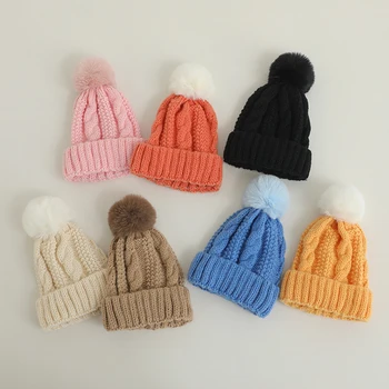 Осень-зима, сохраняющая тепло, детские шапочки с помпонами, однотонная плюшевая шерстяная вязаная шапка для мальчиков и девочек, детский пуловер, шапочка с однотонным меховым шариком, Капор