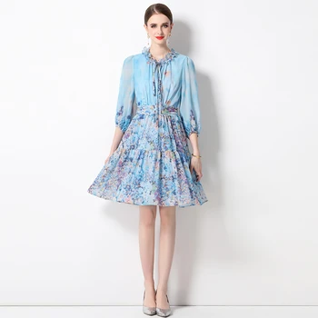 Взлетно-посадочная полоса, розовое голубое мини-платье с цветочным рисунком, женское платье-стойка с длинным рукавом-фонариком, шифоновое короткое платье с цветочным принтом, праздничное платье с рюшами, M6668