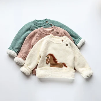 Зимние Детские свитера 2023 года С меховой подкладкой, Детский Трикотаж, Флисовый Пуловер для мальчиков, Детский свитер