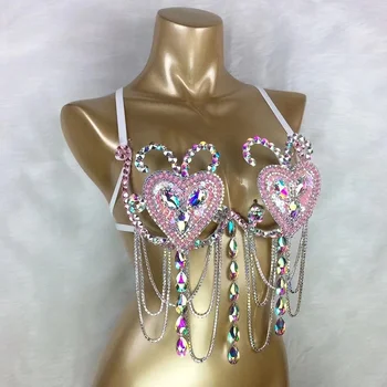 Карнавальный бюстгальтер ручной работы с бусинами в виде сердечек для самбы, необычный костюм для танца живота, рейв-наряды, Розовый Красный бюстгальтер с кристаллами, сексуальный топ