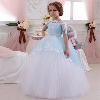 Свадебное платье для девочки с цветочным узором, кружевные аппликации для малышей, детская вечеринка для принцессы, Первое причастие, Детское бальное платье для маленькой невесты
