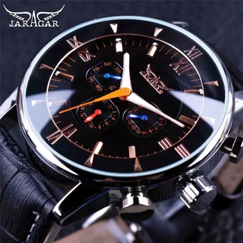 Модные Механические часы Jaragar от ведущего бренда, мужские наручные часы, циферблат из черного Розового золота, Кожаный ремешок, Автоматическая дата на 24 часа