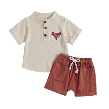 FOCUSNORM/ Комплекты одежды для малышей от 0 до 4 лет Для мальчиков, Футболка с вышивкой Мультяшного Лиса с коротким рукавом и Шорты с эластичной резинкой на талии