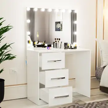 Ember Interiors Ava Pro Современный туалетный столик, лампочки, зеркало с 3 ящиками, окрашенное в белый цвет для спальни