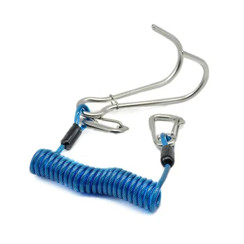 Крюк для рафтинга с двойной головкой, Рифовый крюк из нержавеющей стали, Спиральный пружинный шнур, Аксессуар для безопасности при погружении - синий