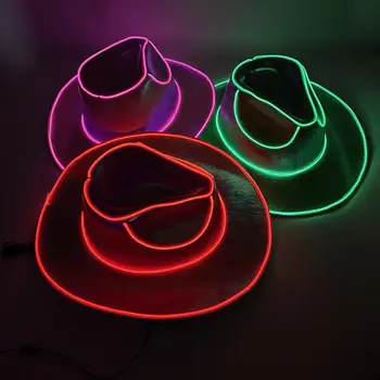 БЕЗ БАТАРЕИ Светящаяся Ковбойская кепка, Неоновая светодиодная мигающая Ковбойская шляпа, Загорающаяся в темноте, Беспроводные Свернутые поля, Светящиеся Рождественские шляпы