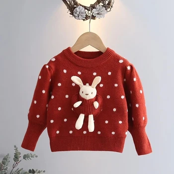 Вязаный детский свитер для девочек 2023, Осень /Зима, Новая верхняя одежда с длинными рукавами, детский свитер с круглым вырезом и кроликом