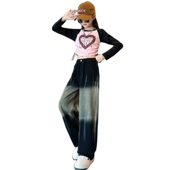 Детская одежда Футболка + джинсы Одежда для девочек с рисунком сердечка Одежда для девочек Повседневный стиль Детская одежда