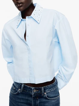 Элегантные блузки с заклепками для женщин 2023 года с карманом, однобортные женские рубашки с длинным рукавом, осенняя повседневная винтажная блузка
