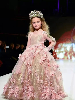 Розовое бальное платье с длинными рукавами и пайетками, праздничные платья для девочек, блестящее платье для маленьких девочек в цветочек с 3D аппликацией для Первого причастия