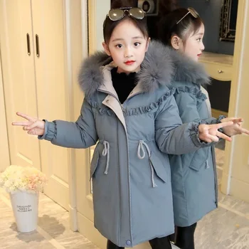 Зимние теплые куртки для девочек, двухцветное пальто с капюшоном из искусственного меха, детские парки на белом утином пуху, детская хлопчатобумажная длинная верхняя одежда