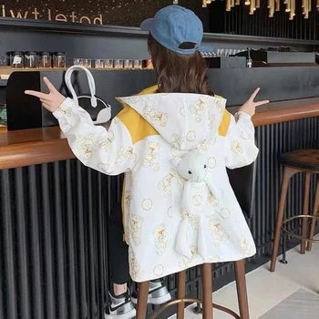 Модное пальто для девочек 2023 года, новый детский топ с капюшоном и принтом, Корейское свободное осеннее пальто с кубическим медвежонком Big Kids
