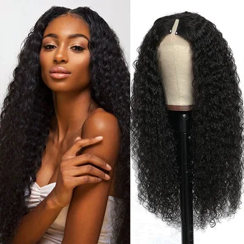 Парики из человеческих волос с длинной вьющейся V-образной частью для чернокожих женщин, состоящие из 180% бразильских волос, кружевной фронтальный парик, густые вьющиеся волосы, парики натурального цвета.