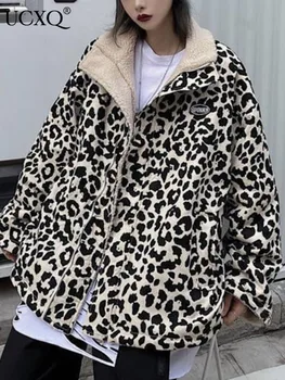 UCXQ Зимние женские куртки из овечьей шерсти с леопардовым принтом, Толстая теплая подкладка, Обратимая одежда, Леопардовые парки, Свободная снежная шуба 2023 23A4634