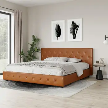 Каркас кровати на платформе с обивкой верблюжьего коричневого цвета, двуспальная кровать с кроватью размера 