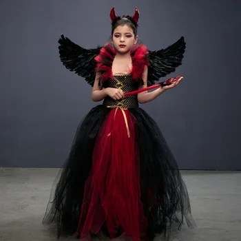 Детский королевский костюм вампира для девочек, праздничная одежда на Хэллоуин, детское готическое платье королевы дьявола, платье-пачка с крылышками