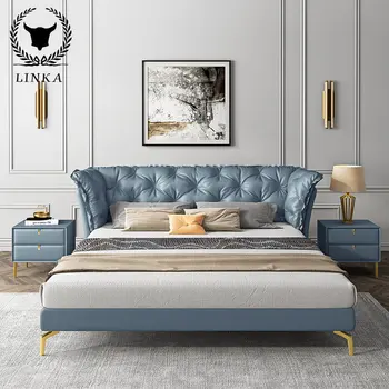 Роскошная итальянская кожаная кровать в американском стиле, свадебная кровать высотой 1,8 м, главная спальня, современная простая мягкая кровать на молнии