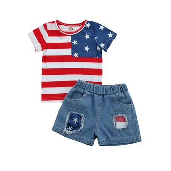 Летний комплект одежды для мальчиков FOCUSNORM на День независимости, футболка в полоску с коротким рукавом + рваные короткие наряды из 2 предметов от 2 до 7 лет