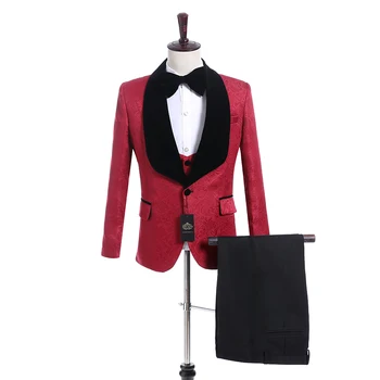 3шт Свадебный смокинг для жениха, красный цветочный узор, Приталенные мужские костюмы, куртка, жилет, брюки, одежда для вечеринок, Мужской модный блейзер, брюки