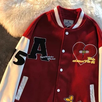 Американская винтажная куртка flocking love, красная бейсбольная форма для мужчин и женщин, хип-хоп, свободная отстрочка, высококачественные куртки-бомберы для пар