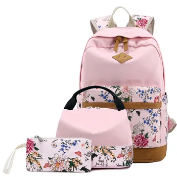 3 шт./компл., Женский рюкзак для путешествий, холщовая сумка с цветочным принтом, школьная сумка для девочек-подростков, детский рюкзак для ланча, багажные сумки