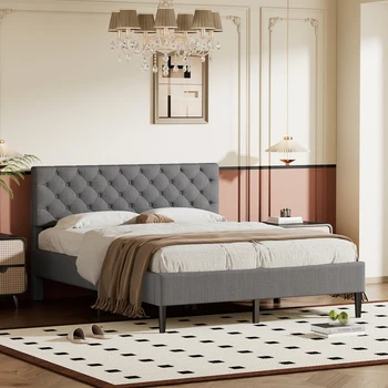 Кровать-платформа с серой обивкой из льна, размера Queen-Size, легко монтируется для внутренней мебели для спальни