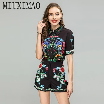 MIUXIMAO 2023 Осенний комплект С коротким рукавом, бриллиантами, воротником, рубашка в цветочек + Короткие брюки, Модный Тонкий Женский комплект из двух предметов
