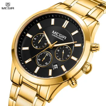 MEGIR Лидирующий бренд, роскошные мужские часы с ремешком из нержавеющей стали, хронограф, золотые, черные кварцевые наручные часы для мужчин montre homme