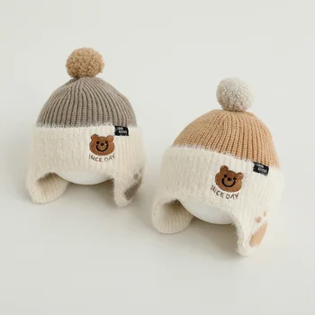 Детская вязаная шапка с милым медведем, зимняя теплая защита ушей, Вязаная шапка с мультяшной вышивкой, детские шапочки-бини для мальчиков и девочек