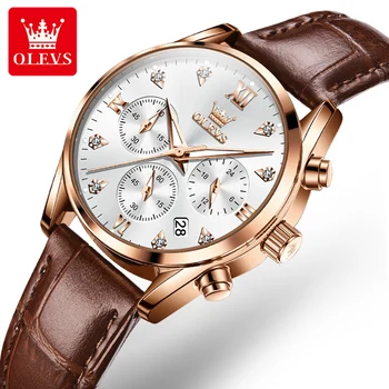 OLEVS 5523 Часы нового топового бренда, роскошные кварцевые часы для женщин, хронограф, Водонепроницаемый, светящийся кожаный ремешок, женские наручные часы