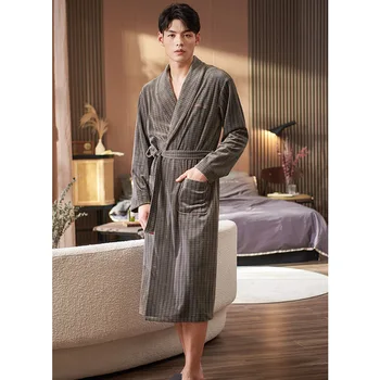 Мужской халат с V-образным вырезом, пояс для халата, цельная пижама для дома на осень и зиму