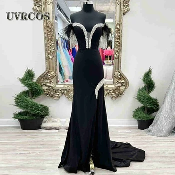 UVRCOS Черные вечерние платья с кристаллами Русалки, выпускные платья с открытыми плечами, выпускные платья с перьями, вечерние платья знаменитостей