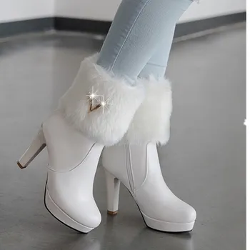 Женские зимние теплые ботинки на противоскользящей подошве 2023 Новые дикие ботинки на сверхвысоком каблуке со стразами и толстым слоем снега, женские ботинки большого размера