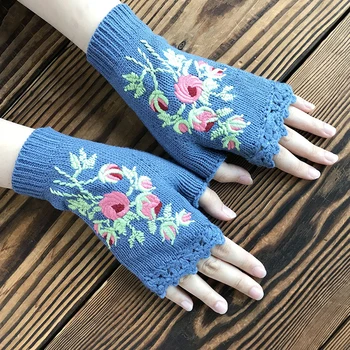 3 Цвета, Цветочная вышивка, вязаные перчатки без пальцев, теплые Мягкие женские осенне-зимние уличные варежки ручной работы, вязаные крючком