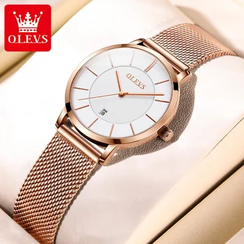 Женские часы OLEVS 5869 из розового золота, лучший бренд, роскошная сетчатая сталь, японский механизм, кварцевые ультратонкие женские часы с календарем и датой