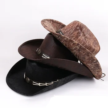 Трехцветная ковбойская шляпа из искусственной кожи в стиле Крэк, джазовая шляпа джентльмена в стиле ретро, мужская Панама, Ковбойская шляпа, ветрозащитная веревка, запад