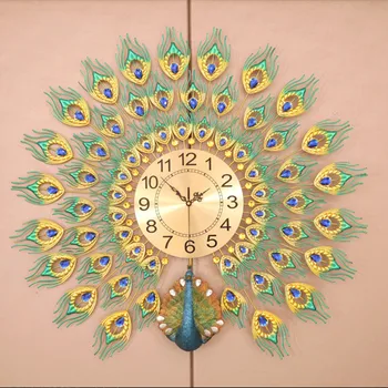 Механизм Металлические Гигантские Настенные часы Современный дизайн Павлин Европейская Гостиная Бесшумные Настенные Часы Horloge Murale Украшение дома