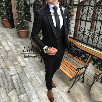 Черный деловой приталенный мужской костюм с зубчатым лацканом, свадебный смокинг жениха, 3 предмета, официальный блейзер для шафера, жилет, брюки traje hombre