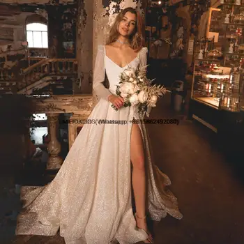 Сексуальное свадебное платье с высоким разрезом сбоку, блестящие свадебные платья А-силуэта с длинным рукавом, V-образный вырез, шлейф, молния для женщин, Vestido De Noiva