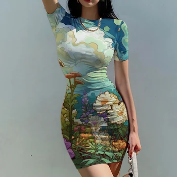 Новое летнее женское облегающее платье садовый пейзаж женское платье с 3D принтом модное красивое женское облегающее платье тренд повседневное женское облегающее платье